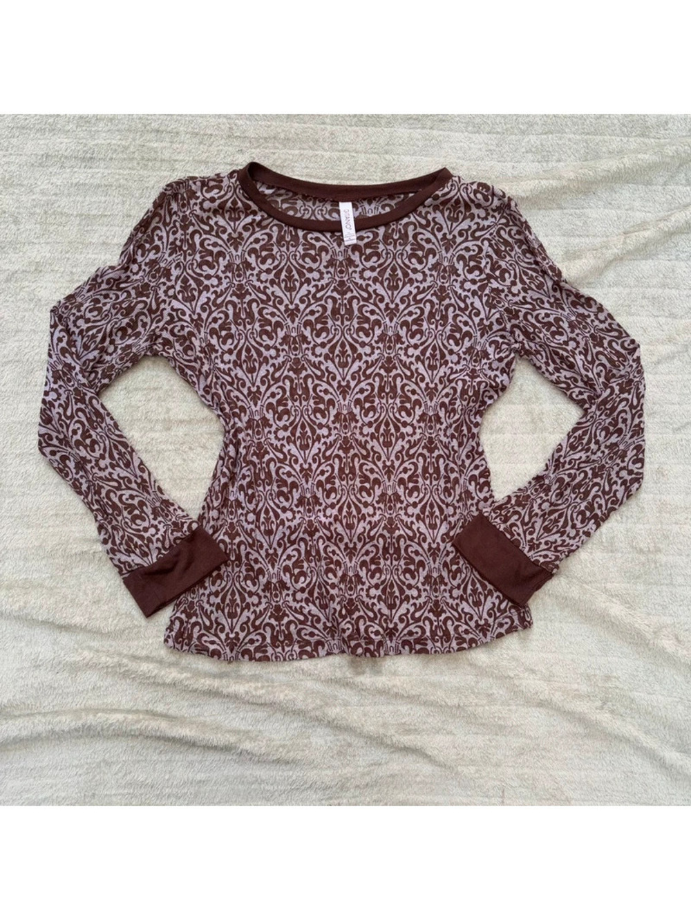 Sheer Brown Patterned Fall Y2K 90’s Long Sleeve - Picture 3 of 6